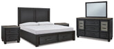 Foyland Queen Panel Storage Bed, Dresser, Mirror and 2 Nightstands